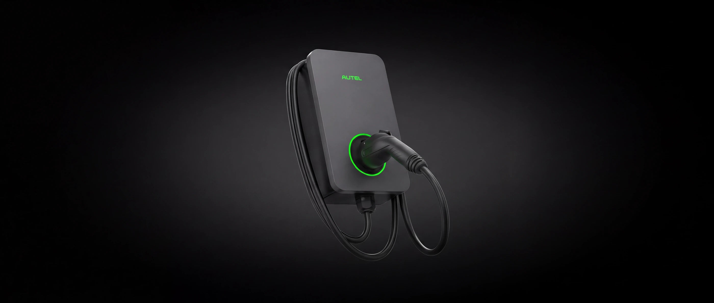 Autel home charger with its connected cable and charging connector against a dark background