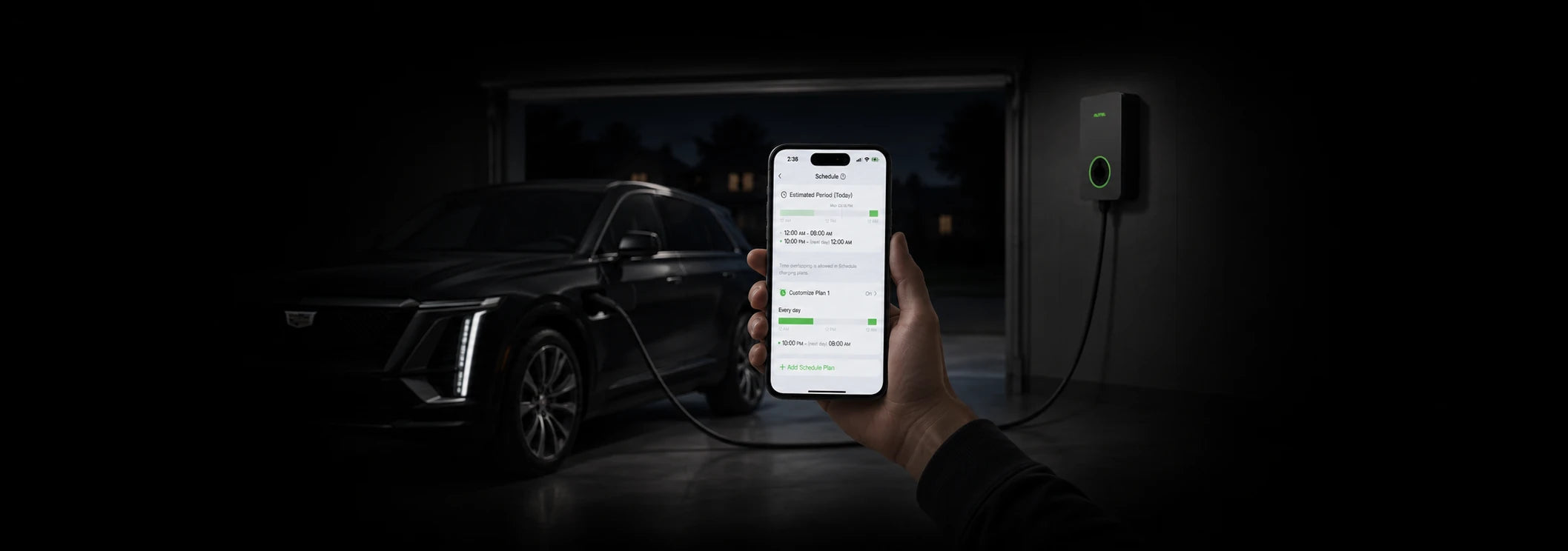 A hand holding a phone with the Autel Charge scheduling screen, with a connected SUV and charger behind it