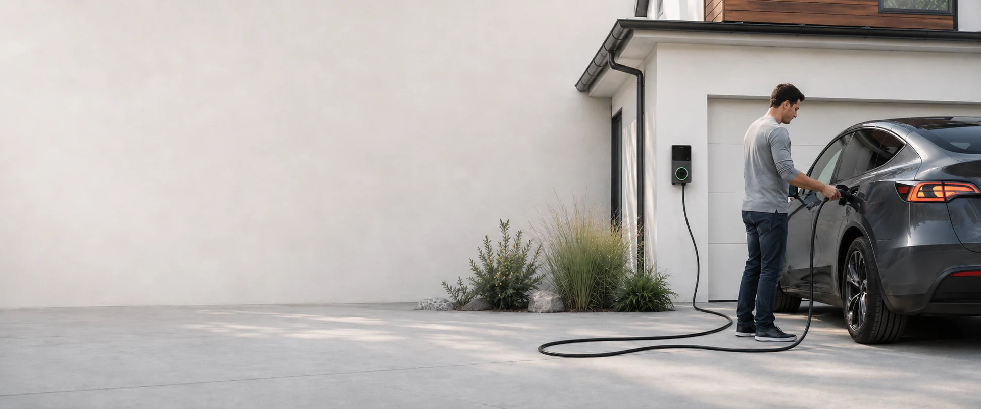 Driver charging an electric vehicle at home in Canada